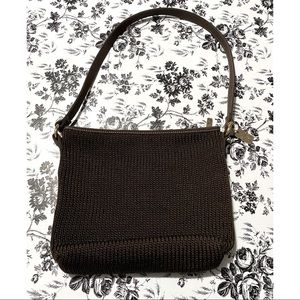 LINA Brown Crochet Knit Gold Tone Shoulder Purse